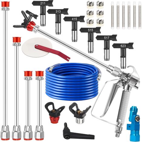 Airless Lot de 22 pistolets à peinture 3600 PSI avec tuyau haute pression de 15 m, pistolet pulvérisateur avec 6 buses réversibles (211/313/415/515/517/623), tiges d'extension, filtres pour mur (1/5)