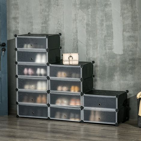 Estantería zapatero modular de plástico negro 94 x 37 x 108 cm, 12 compartimentos