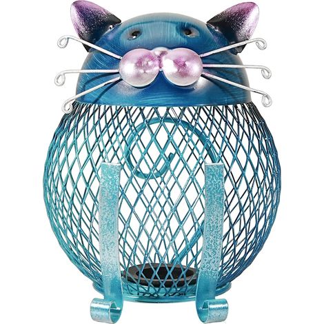 Tirelire métal bleu 12,7 cm pour adultes, maille pour collection de pièces, forme chat mignon, cadeau fait main pour économiser (1/5)