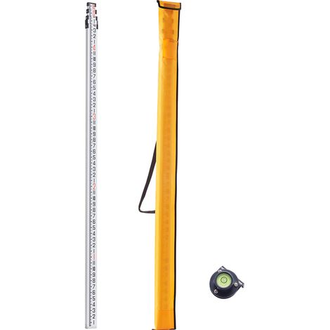Mophorn Varilla de medición telescópica de aluminio de 4 secciones y 16 pies, escala de 1/8 pulgadas de doble cara para una nivelación precisa, con nivel de burbuja y bolsa de transporte.