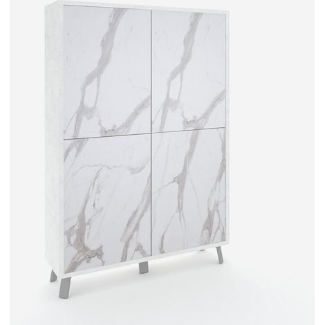 Credenza alta moderna a 4 ante per soggiorno Velbruk - Effetto marmo bianco