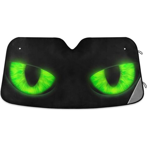 Parasol plegable para parabrisas de coche: bloquea los rayos UV y mantiene el vehículo fresco. Ojos de gato verdes sobre fondo negro. (1/5)