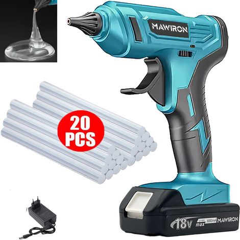 Pistola per colla a caldo senza fili da 100 W per casa e giardino, mini pistola per colla + 20 stick di colla da 11 mm + 1 batteria da 3,0 A + caricabatterie, compatibile con batteria Makita