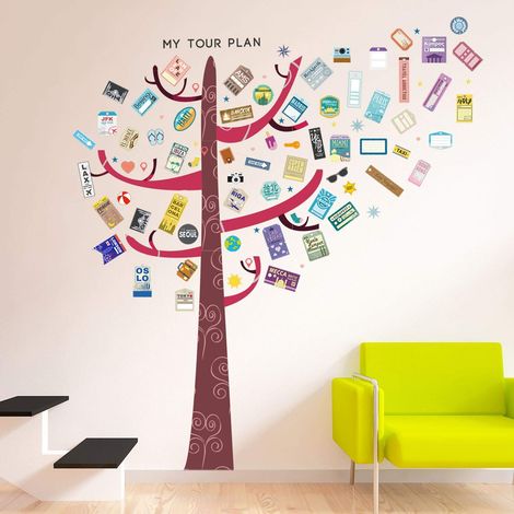 Sticker Mural Arbre coloré Crochet Bagages étiquettes Décoration Maison Restaurant DIY Chambre Salon Autocollant Amovible Mur Autocollants Art Stickers décor Rouge 160 x 180 cm (1/5)