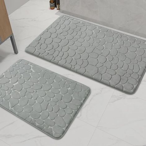 Lot de 2 tapis de salle de bain en mousse à mémoire de forme épais et antidérapants pour baignoire, WC et sol Gris clair (1/5)
