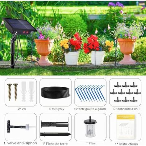 Système d'arrosage automatique pour jardin solaire, kit d'arrosage goutte à goutte avec tuyau de 10 m, support pour 10 pots, programmateur d'arrosage automatique, irrigation des plantes d'intérieur/ex (1/4)