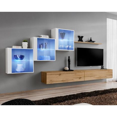 Meuble TV Mural Design "Switch XX" 330cm Naturel & Blanc (1/4)