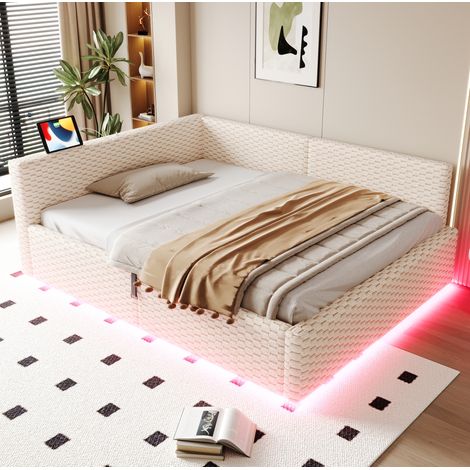 Cama tapizada 140x200 cm de terciopelo beige con LED, USB-C, 2 USB y arcón (1/5)