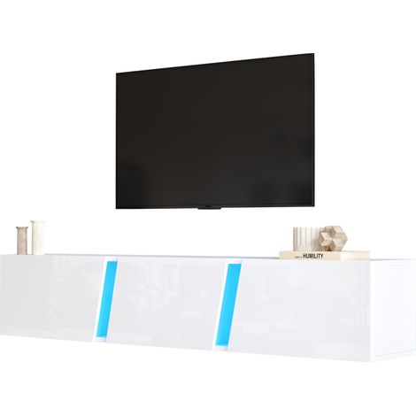 ELVMI TV-Wandschrank mit 3 Türen, LED per USB und 5 Fächern, Hochglanzfront aus Spanplatte, Weiß, 180×35×30 cm (1/5)