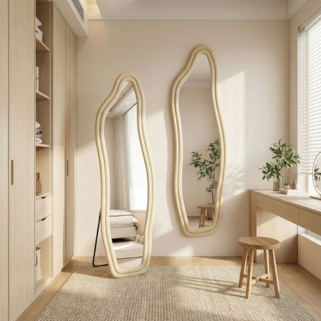 Specchio da terra 160x50cm ondulato dal design artistico, grande specchio a parete, cornice in velluto morbido, specchio a figura intera, per camera da letto e soggiorno, moderno(160x50cm, Oro)