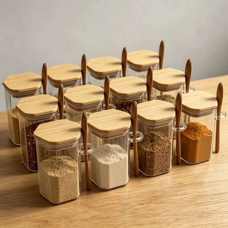 (320 ml - 12 bouteilles) Bocaux hexagonaux en verre pour condiments, récipients de conservation des aliments hermétiques, avec couvercles en bambou et cuillères en bois. (1/5)