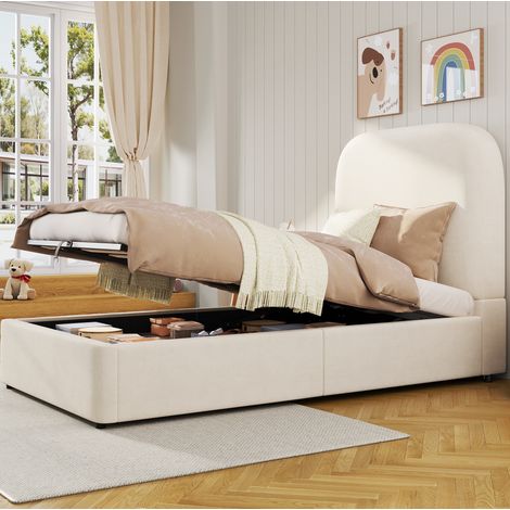 Letto contenitore 90 x 200 cm per bambino, con rete, testiera imbottita, velluto beige DESVIAE (1/5)