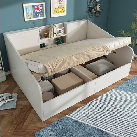 Lit de jour 194x155x75 cm, rangement hydraulique, station USB et Type C, sommier à lattes, MDF et bois massif blanc (1/5)