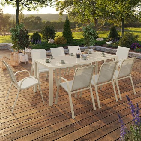 Conjunto de muebles de jardín MADRID Mesa de 190 cm y 8 sillas apilables beige (1/5)