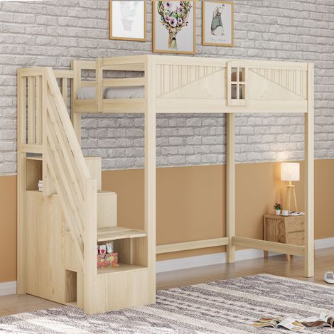 REDOM Cama alta 90x200 cm con almacenamiento lateral y escalera reversible, madera, Natural Wood (Sin colchón) (1/5)