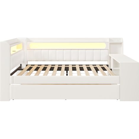 Letto banquette capitonné 140 x 200 con USB, LED, letto estraibile e scrivania, bianco (1/5)