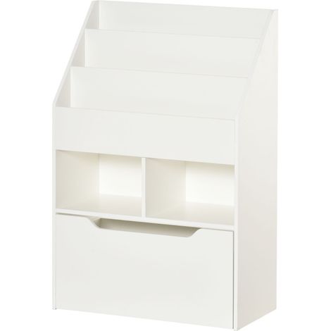Librería infantil con cajón, 3 estantes y 2 compartimentos abiertos, blanca, 60 x 29,9 x 90 cm (1/5)