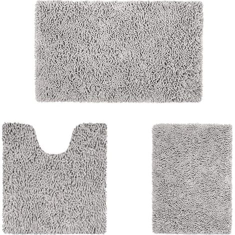 Ensemble de 3 tapis de bain en chenille douce, lavables en machine et antidérapants, pour baignoire, douche et salle de bain, gris clair. (1/5)