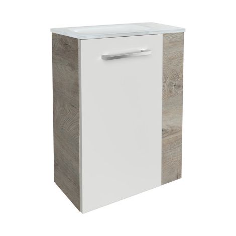Fackelmann STANFORD SBC Gäste-WC Set 2 Teile – Waschtischunterschrank in Weiß mit Holz Braun mit Waschbecken aus Glas in Weiß  – Waschbeckenunterschrank schmal – Türanschlag links – 45 cm breit"-"9008 (1/5)