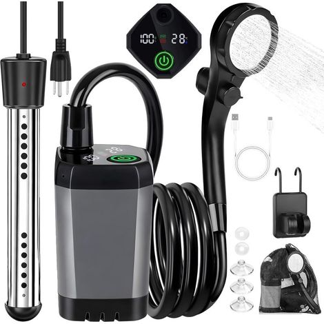 Beheizbare, tragbare Campingdusche mit 6000-mAh-Akku, 2000-W-Tauchheizkörper und Display. (1/5)