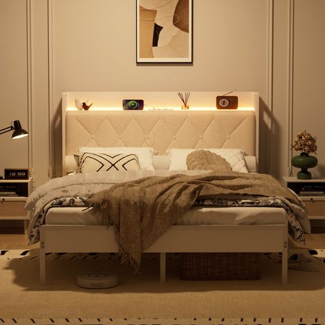 Gepolstertes Bett 140x190 cm weiß aus Leinen, Holzwerkstoff und Stahl mit LED-Lichtleiste, USB-Anschluss und Stauraum (1/5)