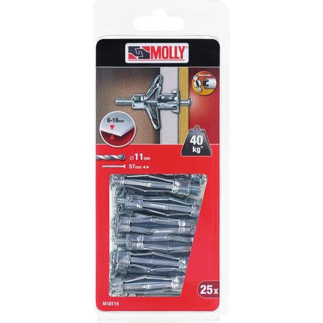 Chevilles métalliques à expansion Ø 6 x 50 mm – Charge 40 kg – Pour cloison sèche et plaque de plâtre – Vis M6 incluses – Molly