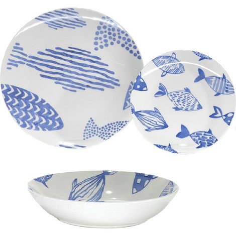 Servizio di Piatti 18 Pezzi Set 6 posti tavola Completo con Decorazione marine mare Pesci Blu per eleganza  stile Casa al Mare in Porcellana