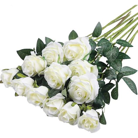 Bouquet de 12 roses artificielles en soie réalistes à longues tiges-AquaForge (1/4)