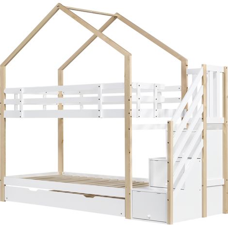 Letto a castello per bambini a casetta con letto estraibile, scala contenitore, bianco naturale (1/5)