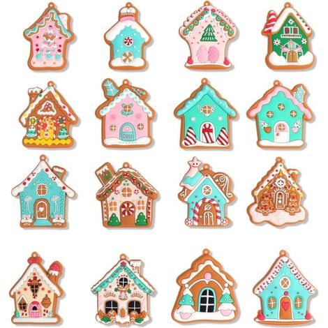 Set mit 16 Lebkuchenhaus-förmigen Weihnachtsdekorationen, ideal zum Schmücken eines Weihnachtsbaums. (1/4)