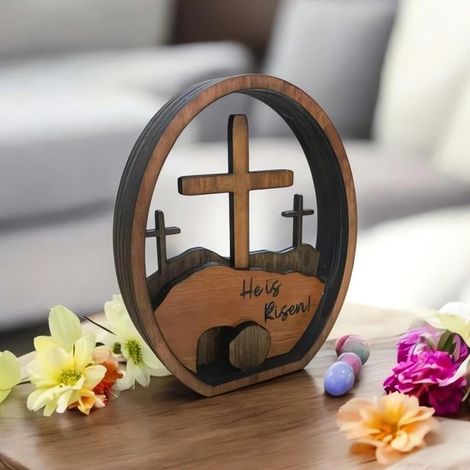 Croce pasquale in legno, decorazione da tavola per Pasqua, decorazione rustica in legno (1/4)