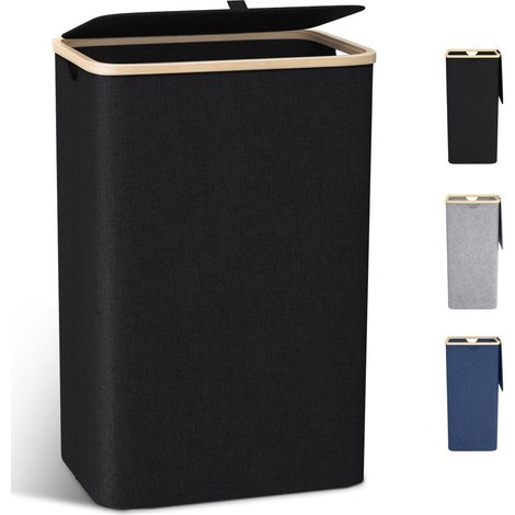Schmaler Wäschekorb 100L mit Bambusdeckel & herausnehmbarem Wäschesack (1/5)