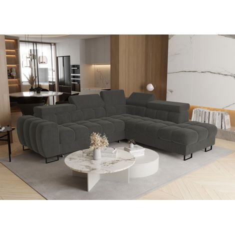 Ecksofa Schlafsofa BASTIEN MAX in Stoff Terra Dunkelgrau Ottomane Rechts
