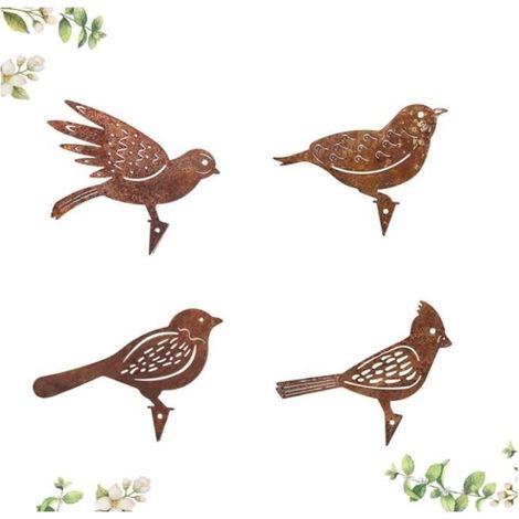 Décoration de jardin - Oiseaux Rouillés - 4 pièces - Métal Fer - Vintage Rouge Brunâtre