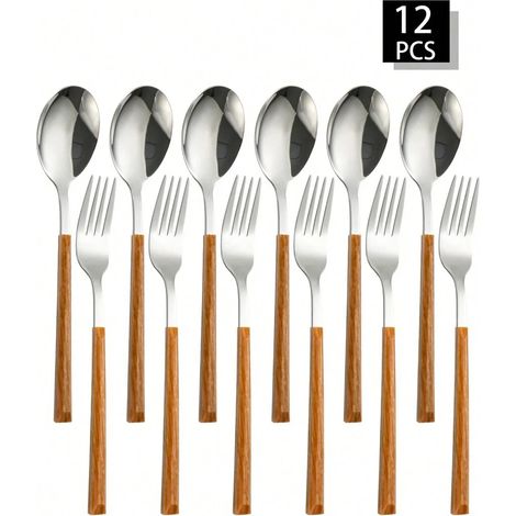 Ensemble de couverts en acier inoxydable (12 pièces) avec fourchette et cuillère à manche imitation bois (1/5)