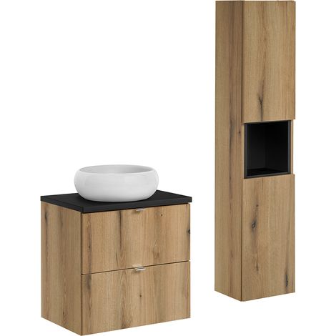 Badmöbel Set 2-teilig, 60cm Waschtisch, in Eiche und schwarz, NEWPORT-56-OAK (1/5)
