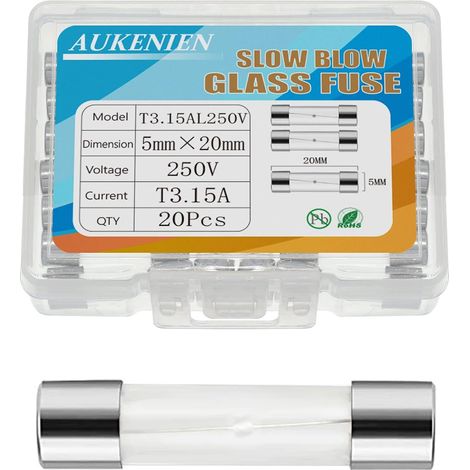 3.15A 3.15 Amp 250V Fuse Glass Slow Action Timed Tube 5x20MM T3.15A Glass Fuses for Household Appliances (1/4)