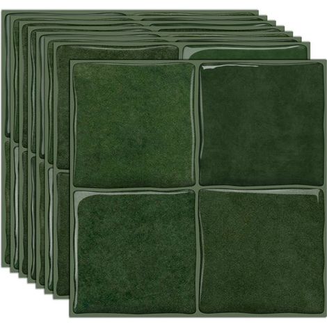 Carreaux muraux auto-adhésifs - 15,25 x 15,25 cm - Vert mousse - Crédence cuisine & salle de bain - Ensemble de 10 autocollants de carrelage 3D (1/5)