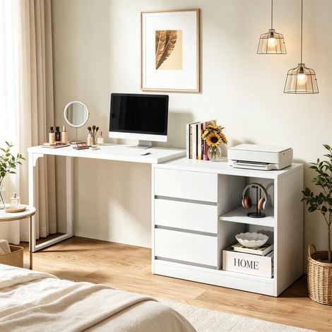 Coiffeuse luxueuse aux lignes modernes, coiffeuse d'angle, bureau en L avec tiroirs et étagères ouvertes, bureau d'ordinateur, bureau d'angle (uniquement avec bureau d'ordinateur) (1/5)