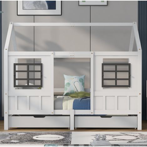 Cama infantil tipo cabaña con 2 cajones, 200 x 90 cm, blanco DESVIAE (1/5)