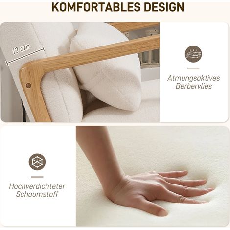 Fauteuil à bascule avec repose-pieds, housse en polaire, dossier haut, pieds en bois, patins antidérapants, Blanc (1/4)
