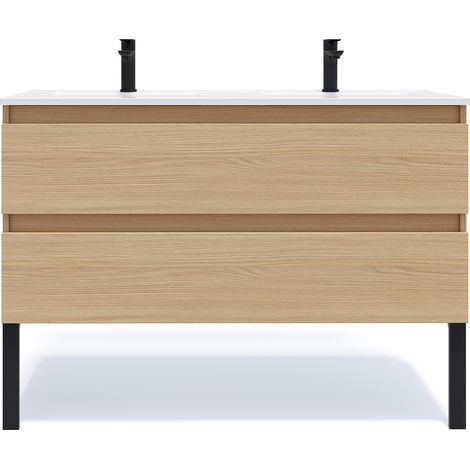 Meuble de salle de bain suspendu double vasque intégrée 120cm 2 tiroirs Chêne clair - Hudson (1/5)