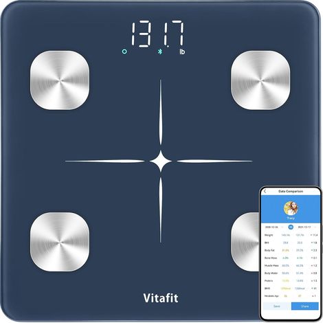 Balance Pese Personne, Précision 0,05kg, Balance Connectée App avec 13 Données Corporelles (BMI/Graisse Corporelle/BMR), 182kg, LED, Bleu (1/5)