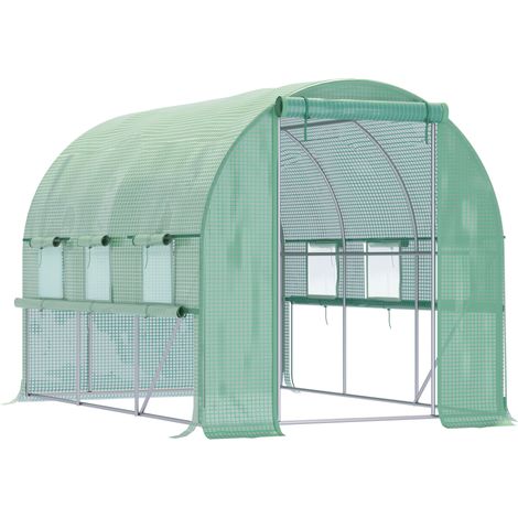 Serre tunnel jardin vert 6m² structure acier galvanisé 6 fenêtres porte enroulable toile PE culture plantes