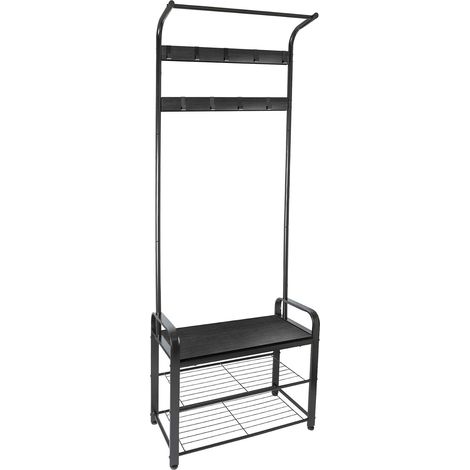 Porte‑manteau autoportant incurvé en acier gris avec banc de rangement pour chaussures, meuble d'entrée pour couloir avec crochets à vêtements (1/5)