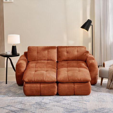 Canapé modulaire d'angle en orange avec poufs tissu chenille (1/5)