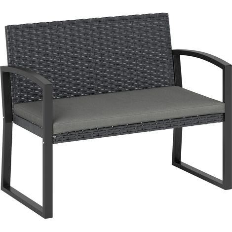 Banc de jardin 2 places en résine tressée PE avec coussins en acier galvanisé, dimensions 103x58x78cm, gris et noir élégant (1/5)
