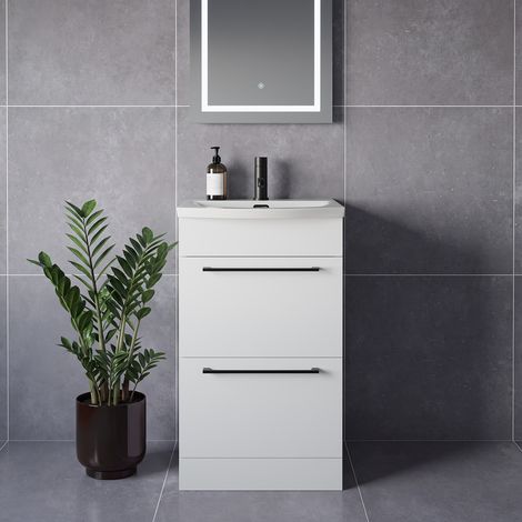 Napoli 390 Gloss White 500mm 2 Drawer Vanity Unit with Arc Basin - 500mm - Matt Black 320mm Handle