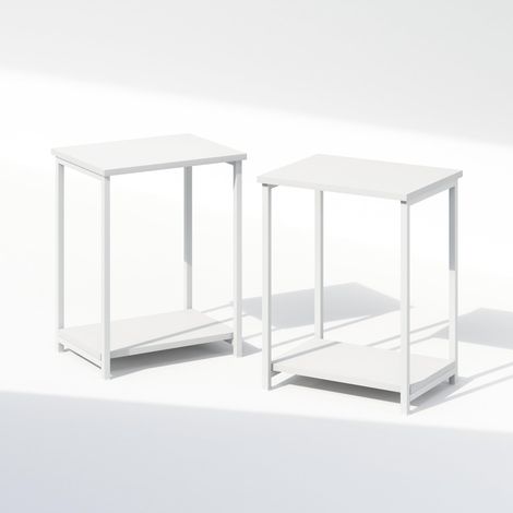 Ensemble de 2 Tables de Chevet, Table de Chevet à 2 Niveaux avec étagère Ouverte et Structure en métal, Table de Chevet, Table d'appoint, pour Chambre ou Salon, Blanc (1/5)