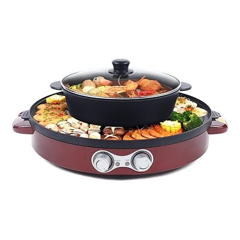 Barbecue coréen Hot Pot Electrique Appareil Fondue Chinoise et Barbecue Coréen électrique de Table 220V 2200W 2 en 1 Chauffage Haute Efficacité Contrôle de Température pour d'un Barbecue (Rouge) (1/5)